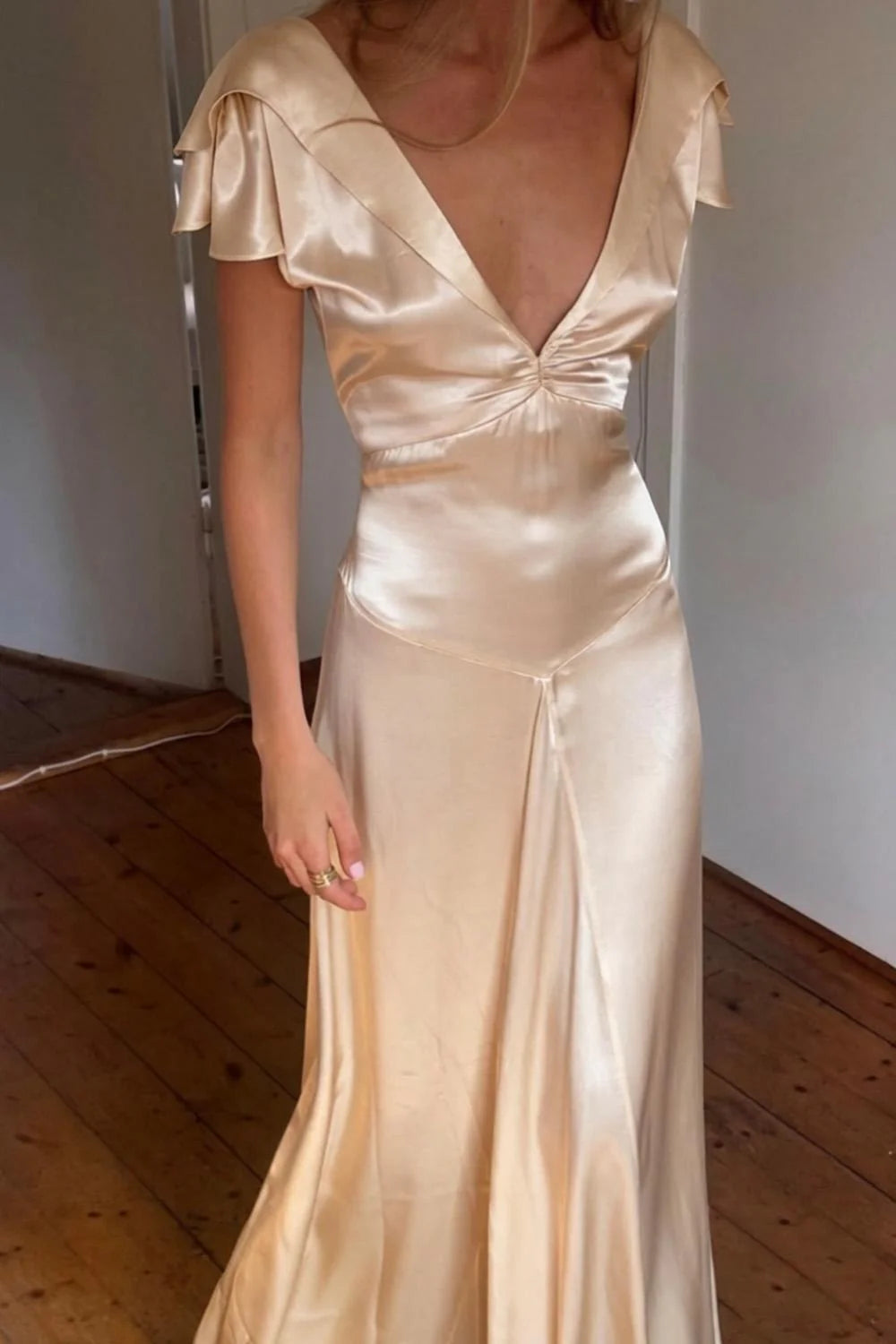 Elegant A Line Deep V Neck Yellow Long Prom Dress with Open Back AD054