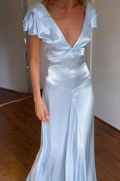 Elegant A Line Deep V Neck Yellow Long Prom Dress with Open Back AD054