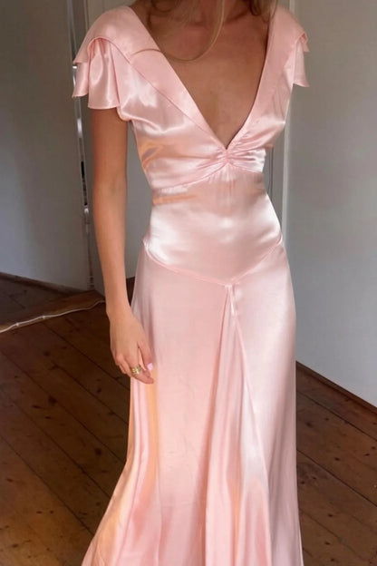 Elegant A Line Deep V Neck Yellow Long Prom Dress with Open Back AD054