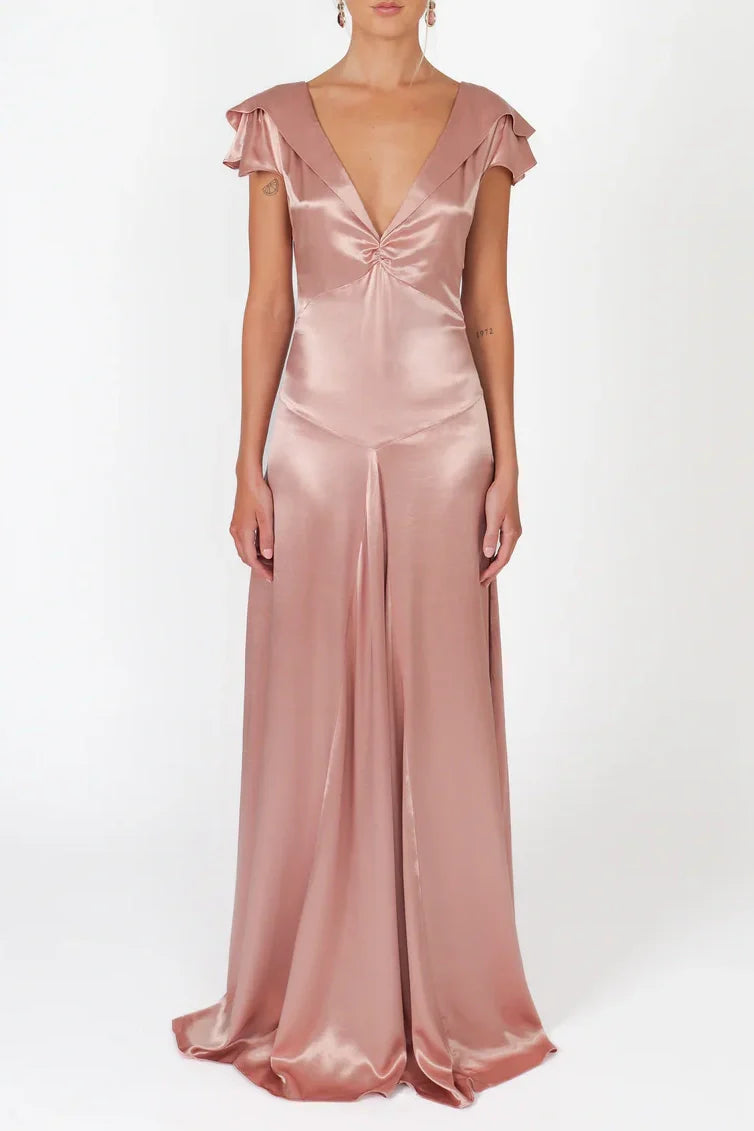 Elegant A Line Deep V Neck Yellow Long Prom Dress with Open Back AD054