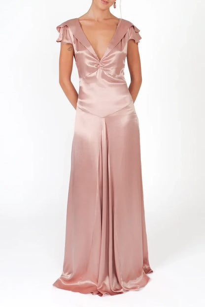 Elegant A Line Deep V Neck Yellow Long Prom Dress with Open Back AD054
