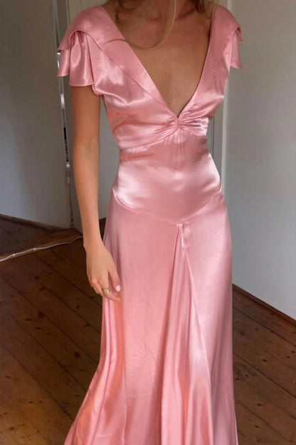 Elegant A Line Deep V Neck Yellow Long Prom Dress with Open Back AD054