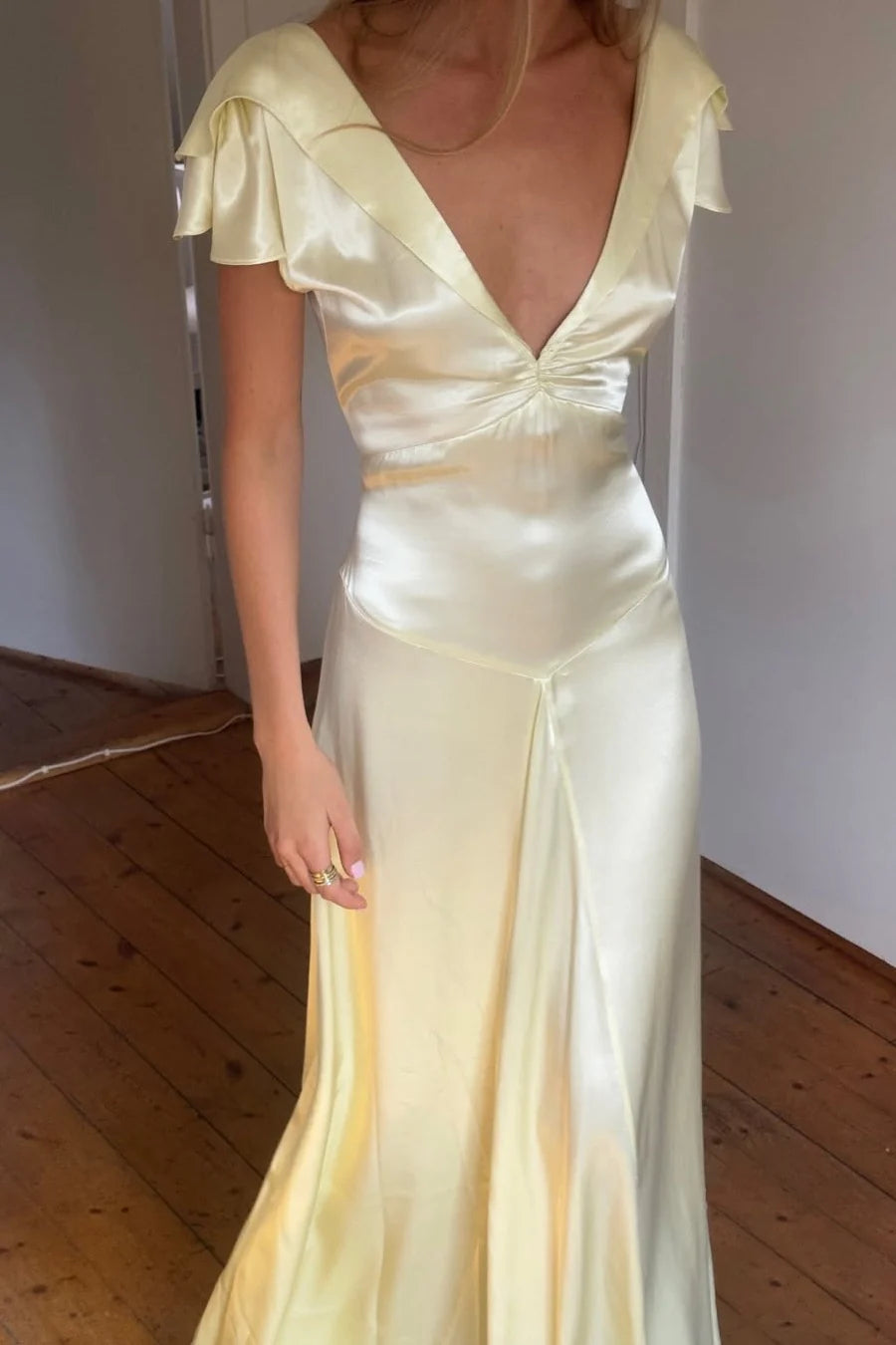 Elegant A Line Deep V Neck Yellow Long Prom Dress with Open Back AD054