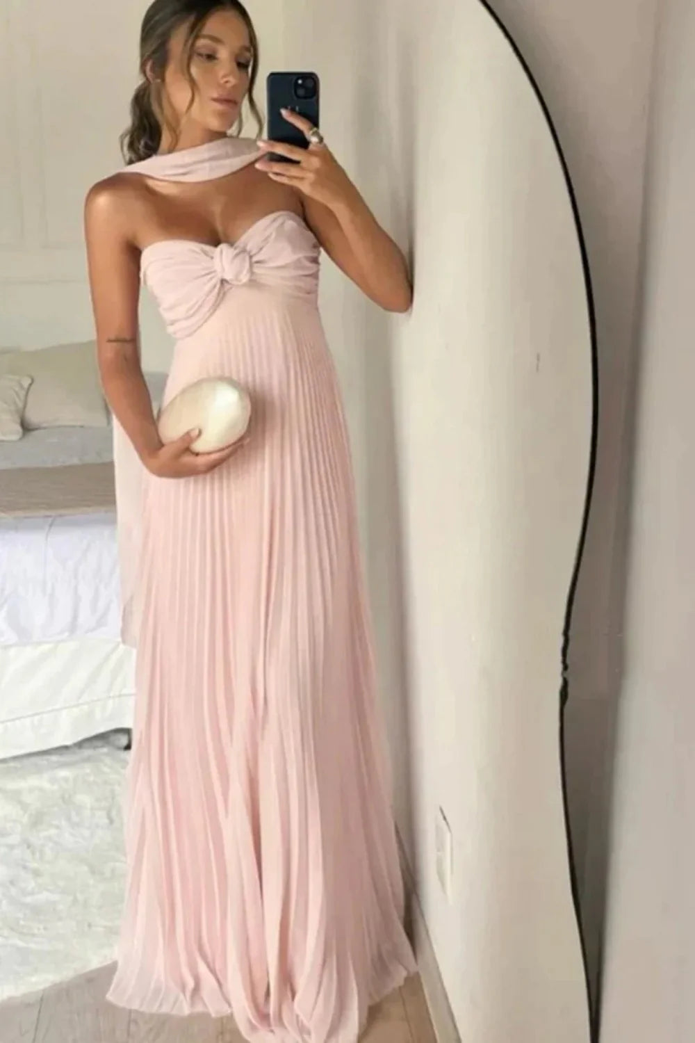 Blush Pink Strapless Knotted Bodice Pleated Maxi Prom Dress AD055