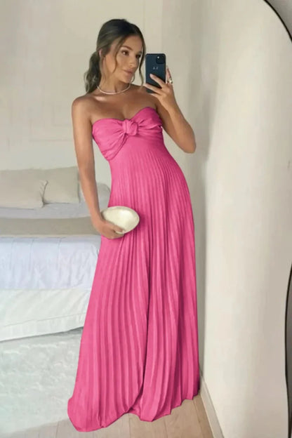 Blush Pink Strapless Knotted Bodice Pleated Maxi Prom Dress AD055
