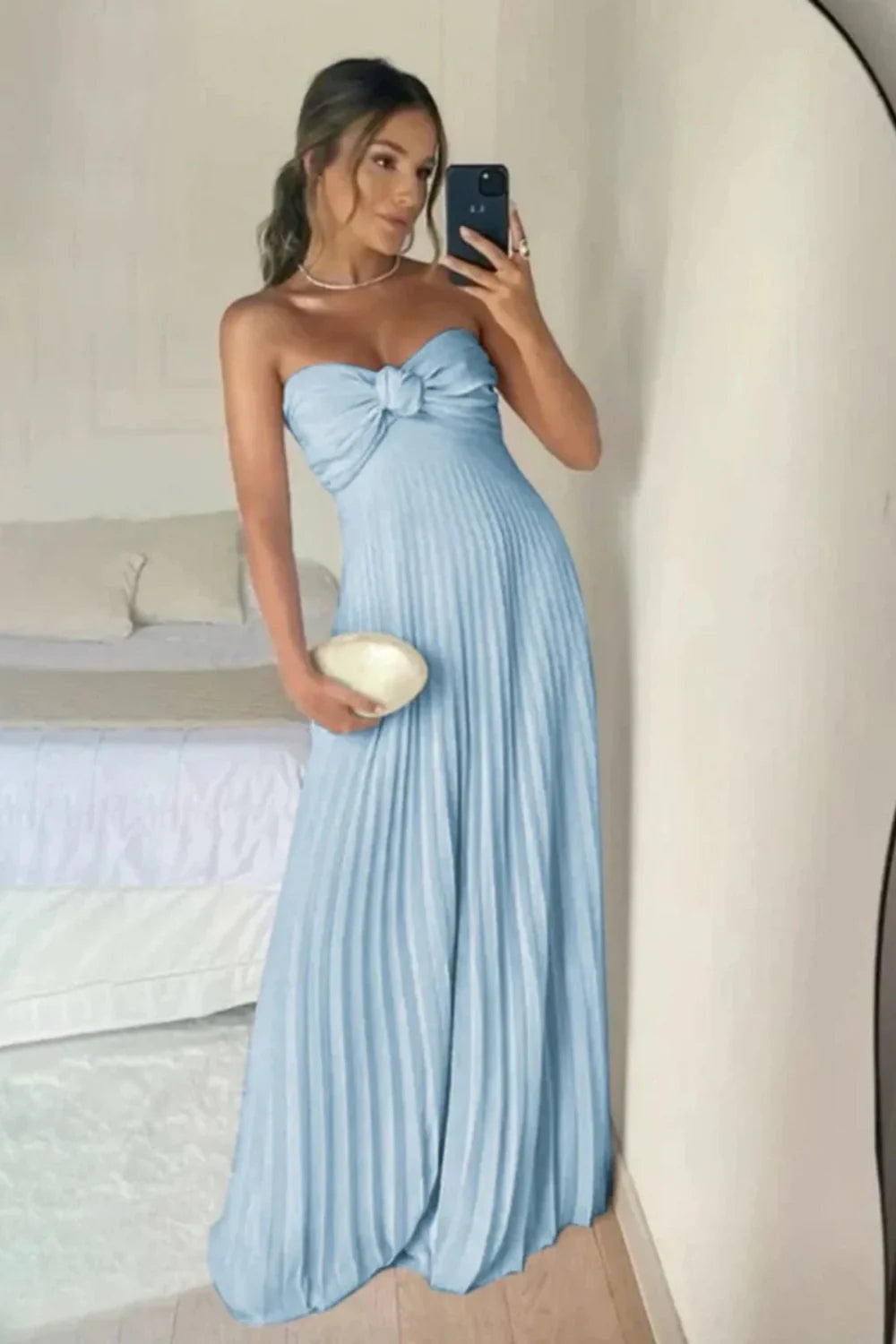 Blush Pink Strapless Knotted Bodice Pleated Maxi Prom Dress AD055