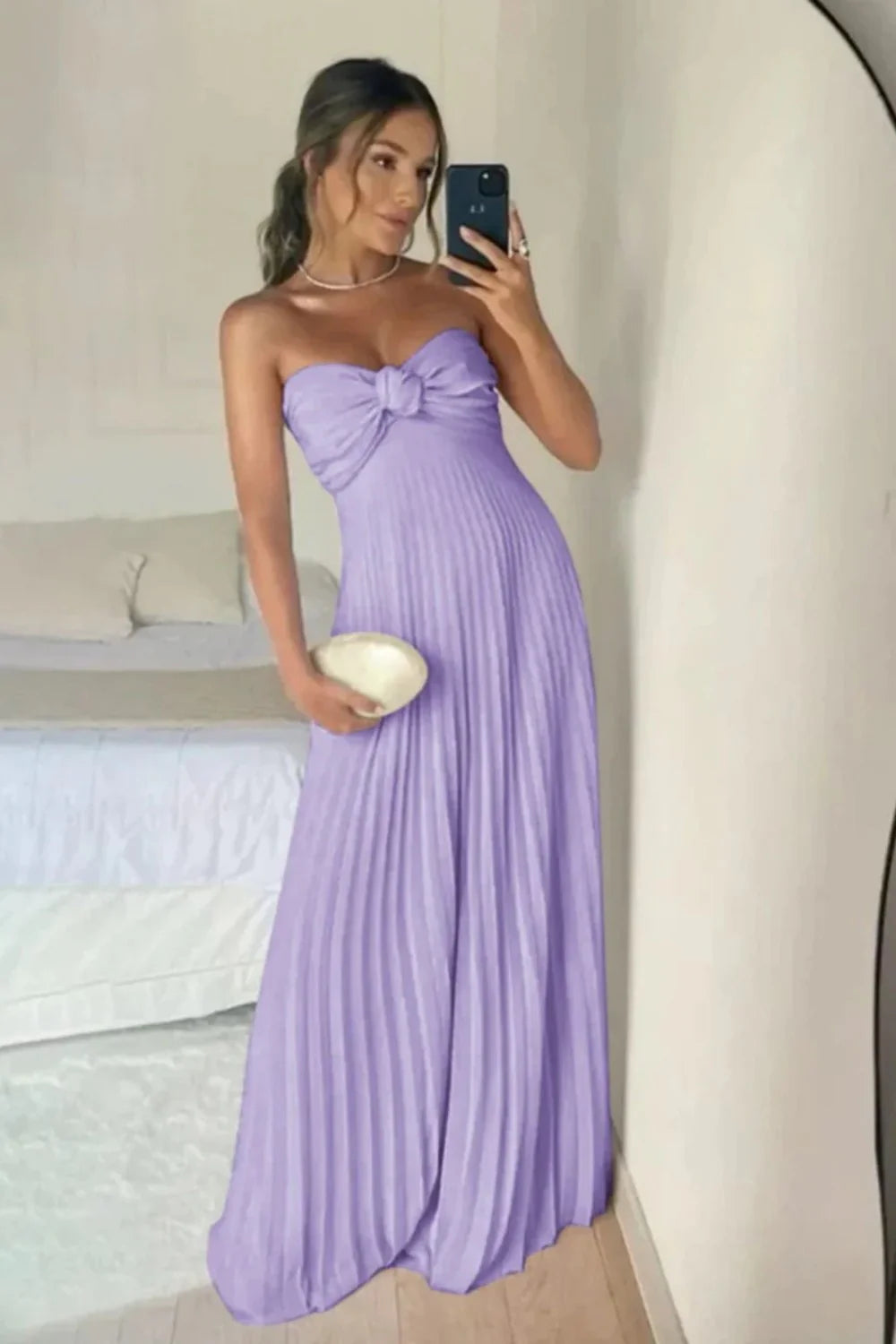 Blush Pink Strapless Knotted Bodice Pleated Maxi Prom Dress AD055