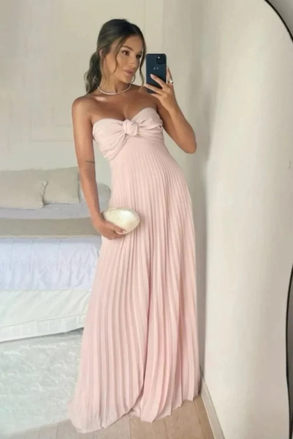 Blush Pink Strapless Knotted Bodice Pleated Maxi Prom Dress AD055