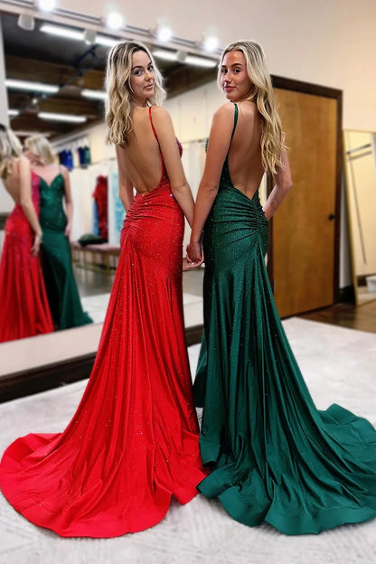 Sexy Mermaid Prom Dress in Glitter Fabric with Open Back and Beaded Corset Bodice AD056