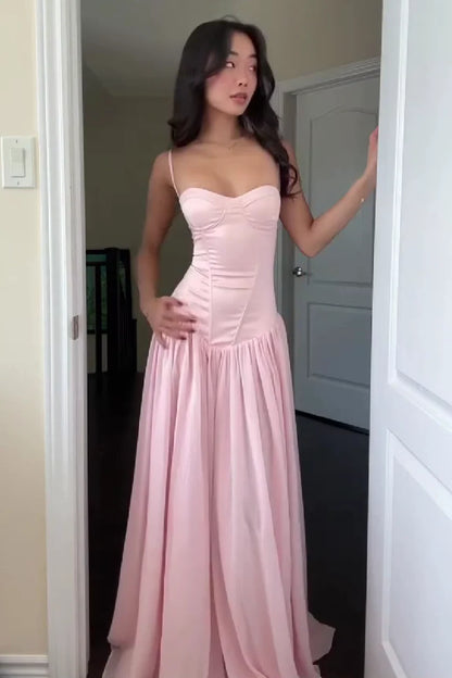 Pretty A Line Spaghetti Straps Pink Corset Prom Dress with Ruffles AD057