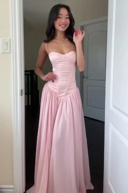 Pretty A Line Spaghetti Straps Pink Corset Prom Dress with Ruffles AD057