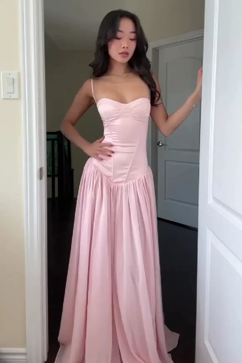 Pretty A Line Spaghetti Straps Pink Corset Prom Dress with Ruffles AD057
