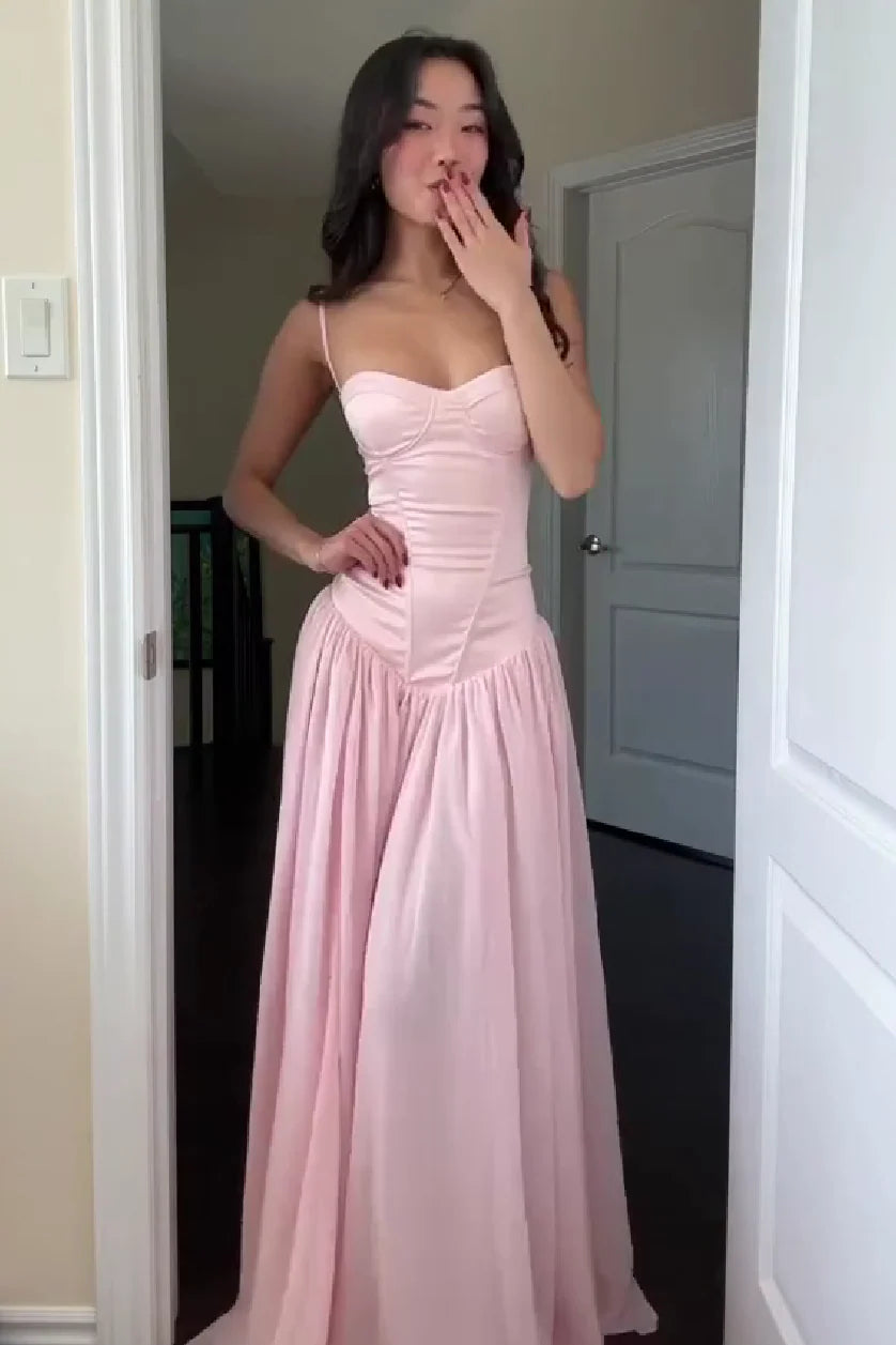 Pretty A Line Spaghetti Straps Pink Corset Prom Dress with Ruffles AD057