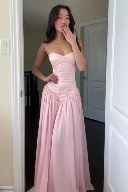 Pretty A Line Spaghetti Straps Pink Corset Prom Dress with Ruffles AD057