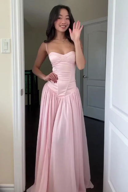 Pretty A Line Spaghetti Straps Pink Corset Prom Dress with Ruffles AD057