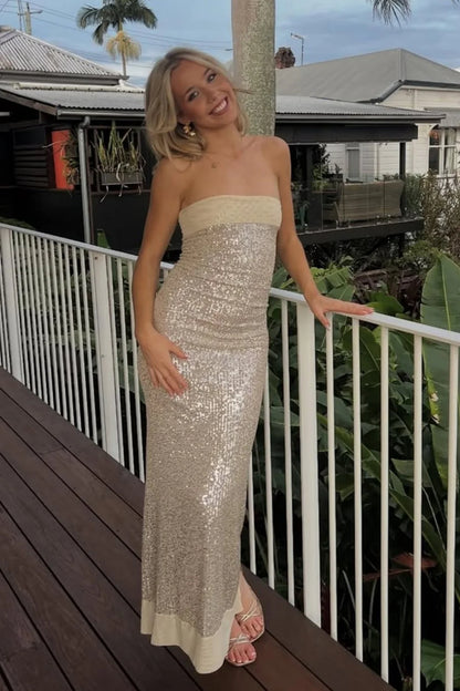 Modern Sequin Strapless Prom Gown with Minimalist Design and Glamorous Finish AD058