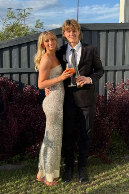 Modern Sequin Strapless Prom Gown with Minimalist Design and Glamorous Finish AD058