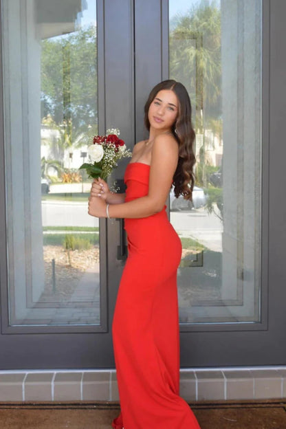 Red Strapless Ruched Strapless Long Mermaid Prom Dress with High Slit AD059