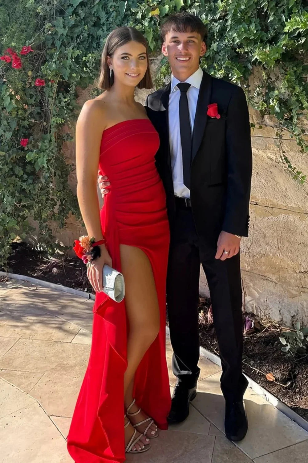 Red Strapless Ruched Strapless Long Mermaid Prom Dress with High Slit AD059