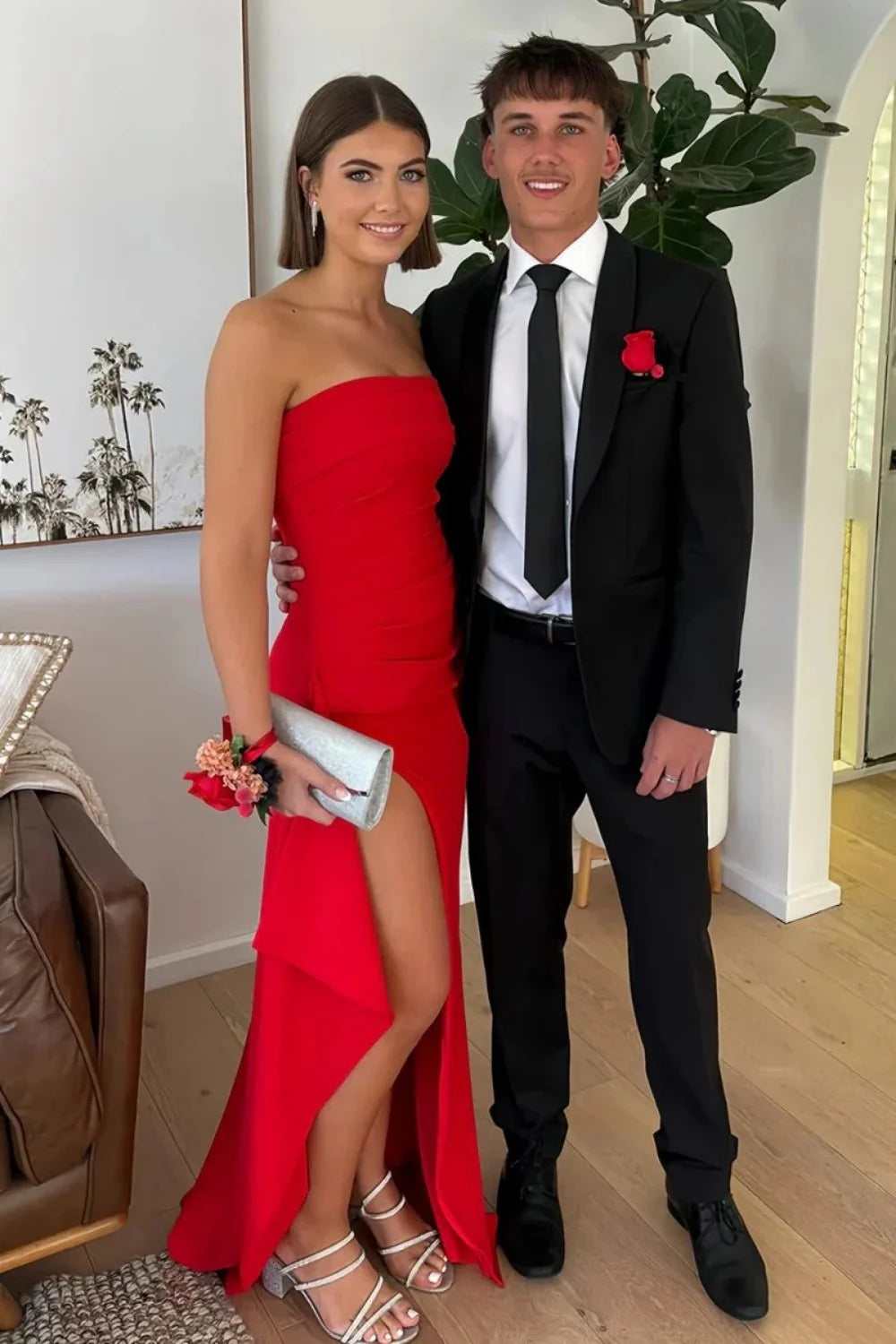 Red Strapless Ruched Strapless Long Mermaid Prom Dress with High Slit AD059