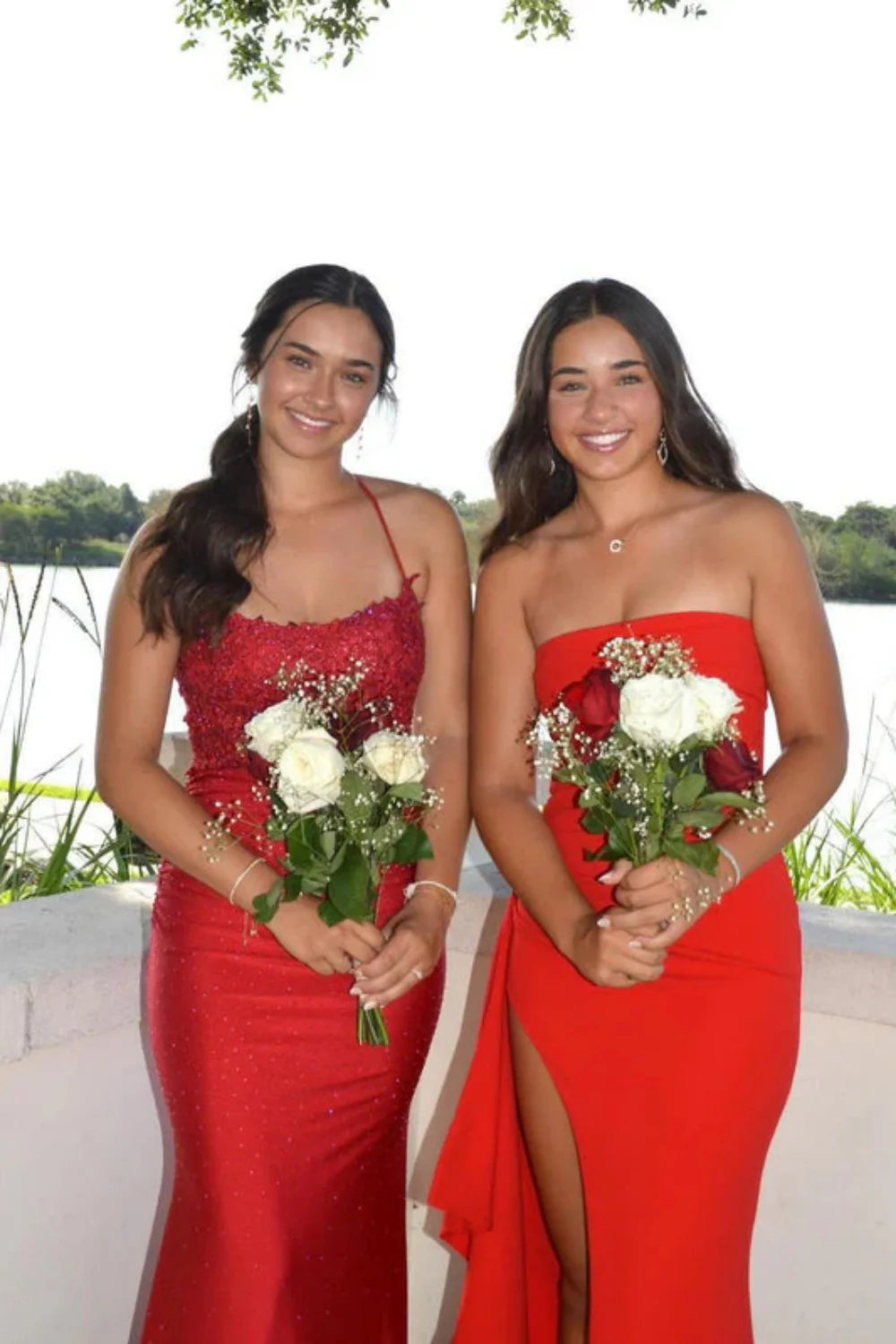 Red Strapless Ruched Strapless Long Mermaid Prom Dress with High Slit AD059