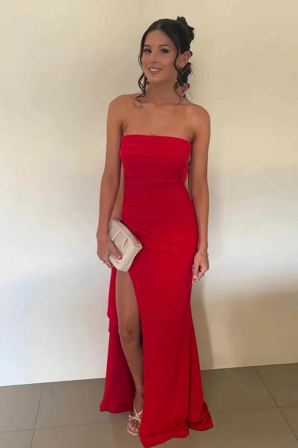 Red Strapless Ruched Strapless Long Mermaid Prom Dress with High Slit AD059