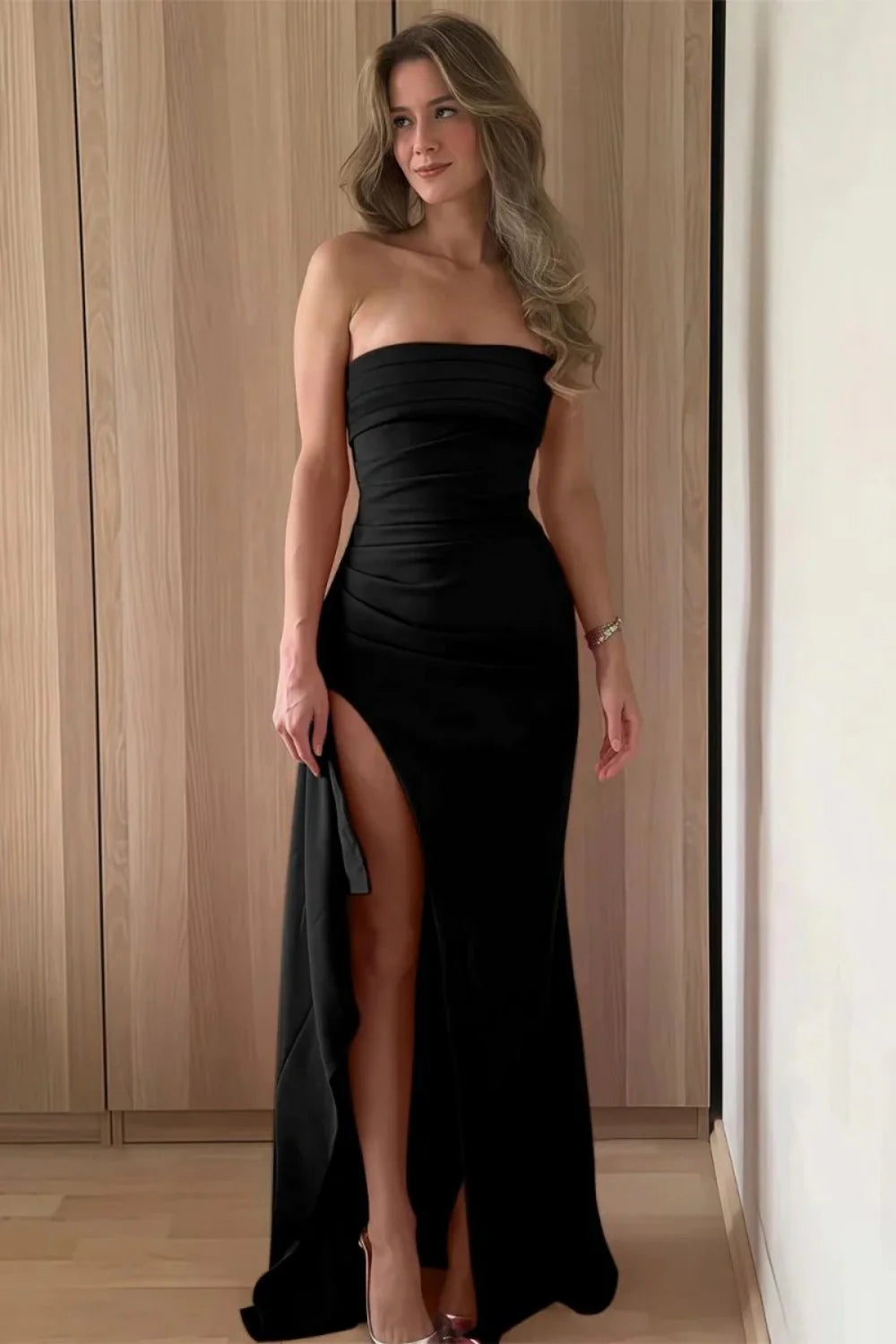 Red Strapless Ruched Strapless Long Mermaid Prom Dress with High Slit AD059