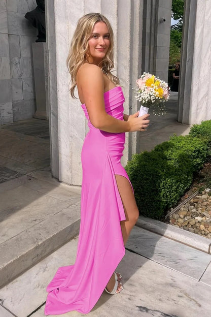 Red Strapless Ruched Strapless Long Mermaid Prom Dress with High Slit AD059