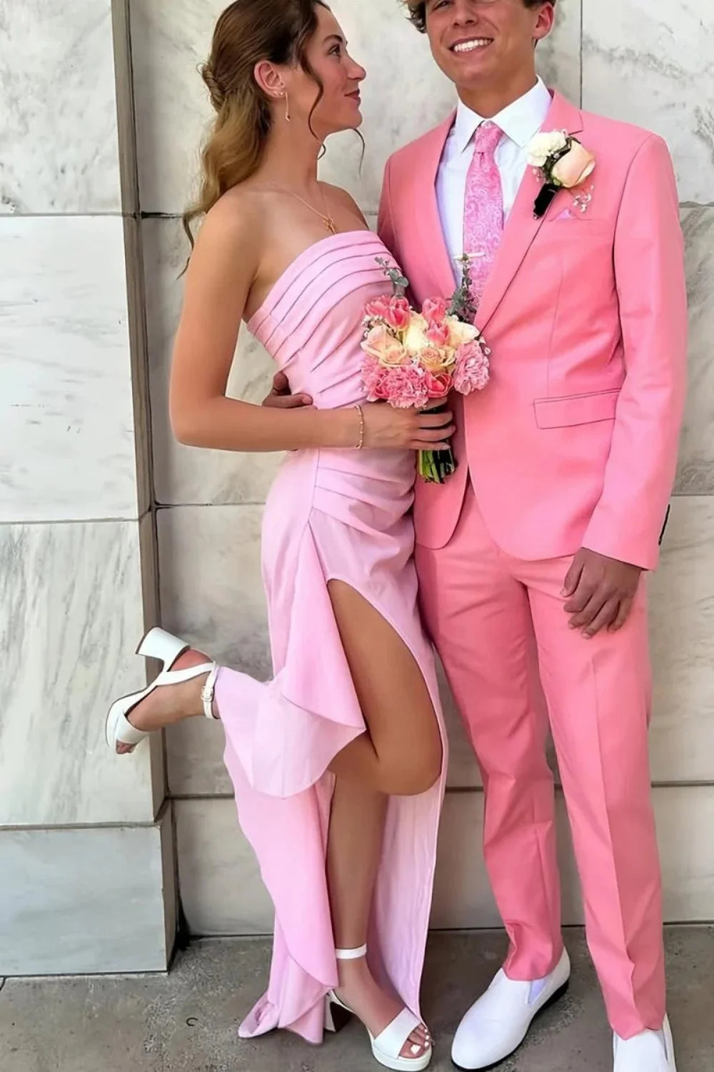 Red Strapless Ruched Strapless Long Mermaid Prom Dress with High Slit AD059