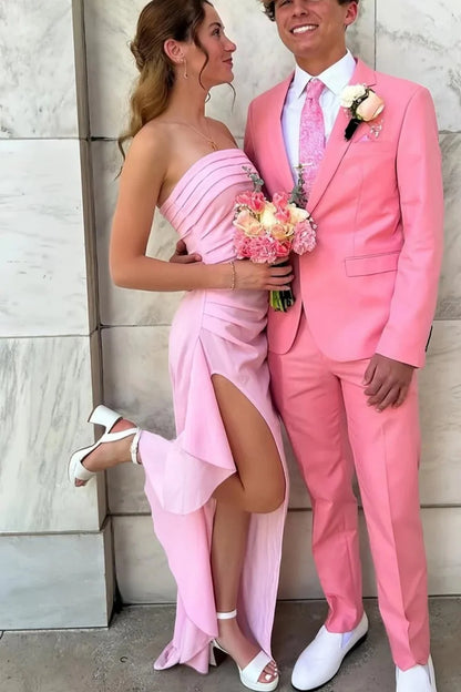Red Strapless Ruched Strapless Long Mermaid Prom Dress with High Slit AD059