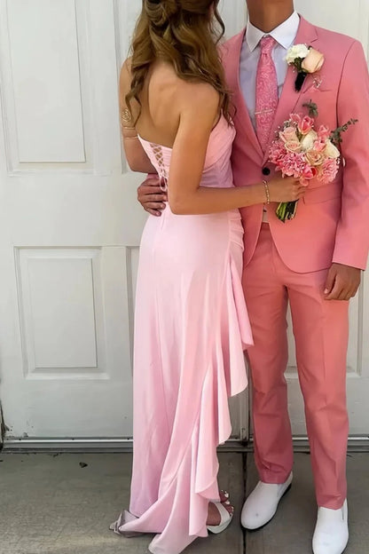 Red Strapless Ruched Strapless Long Mermaid Prom Dress with High Slit AD059