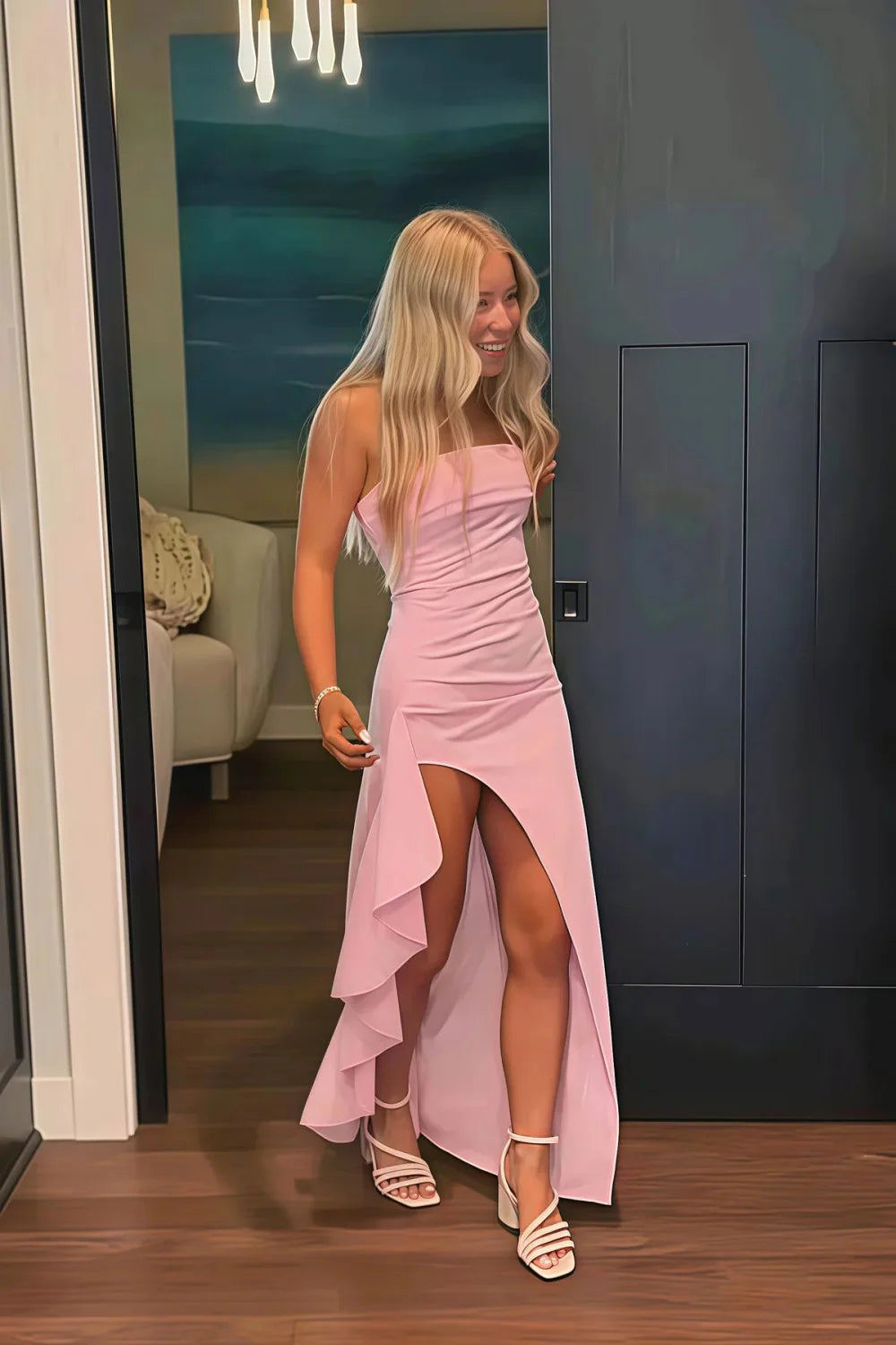 Red Strapless Ruched Strapless Long Mermaid Prom Dress with High Slit AD059