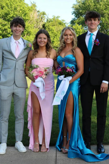 Red Strapless Ruched Strapless Long Mermaid Prom Dress with High Slit AD059