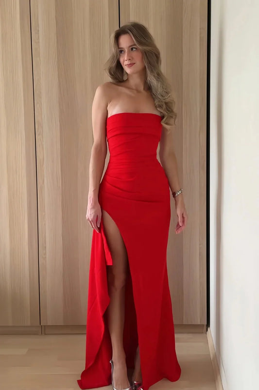 Red Strapless Ruched Strapless Long Mermaid Prom Dress with High Slit AD059