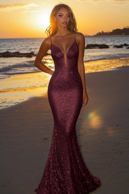 Silver Glitter Mermaid Backless Long Prom Dress with Deep V Neck AD060