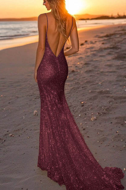 Silver Glitter Mermaid Backless Long Prom Dress with Deep V Neck AD060