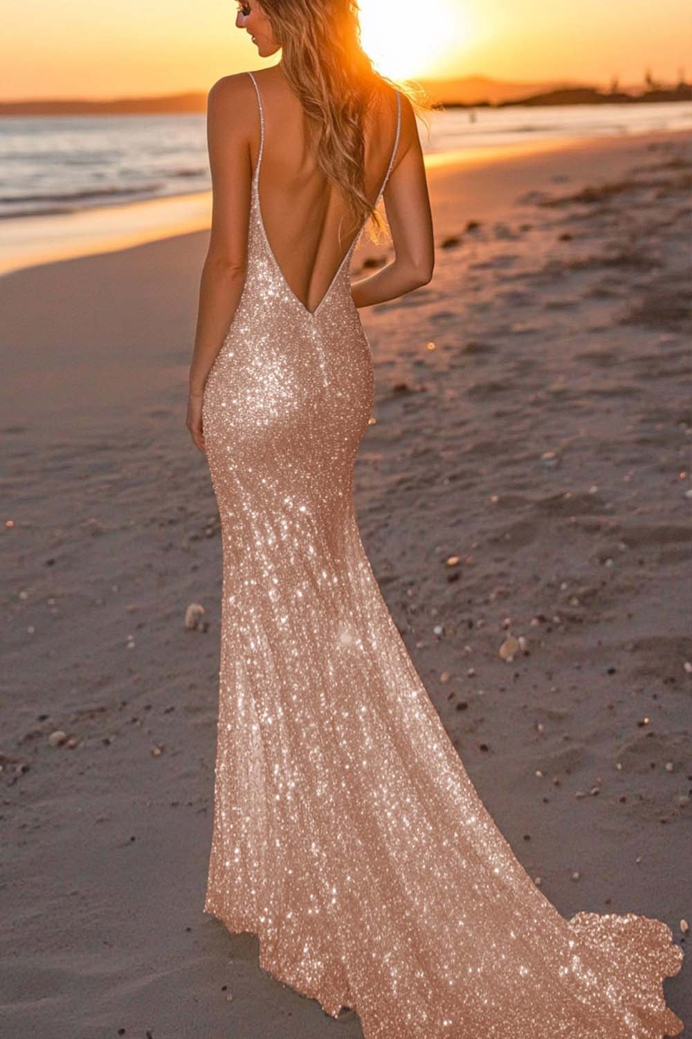 Silver Glitter Mermaid Backless Long Prom Dress with Deep V Neck AD060