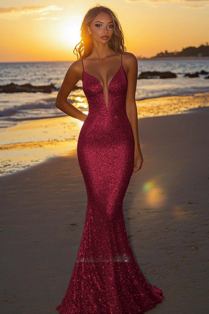 Silver Glitter Mermaid Backless Long Prom Dress with Deep V Neck AD060