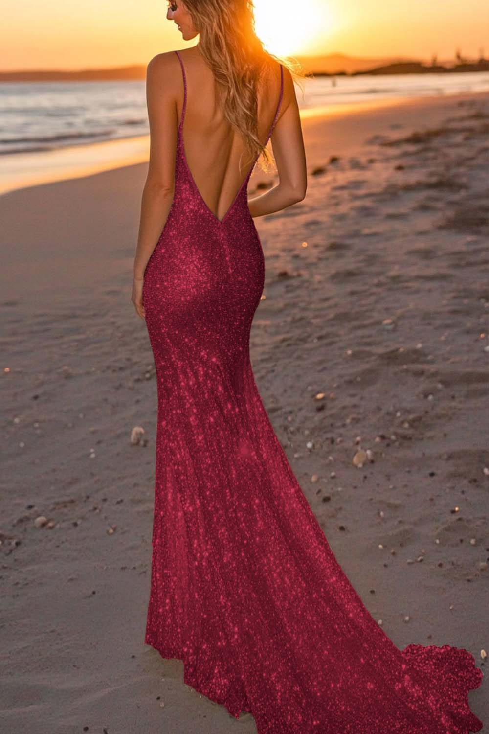 Silver Glitter Mermaid Backless Long Prom Dress with Deep V Neck AD060