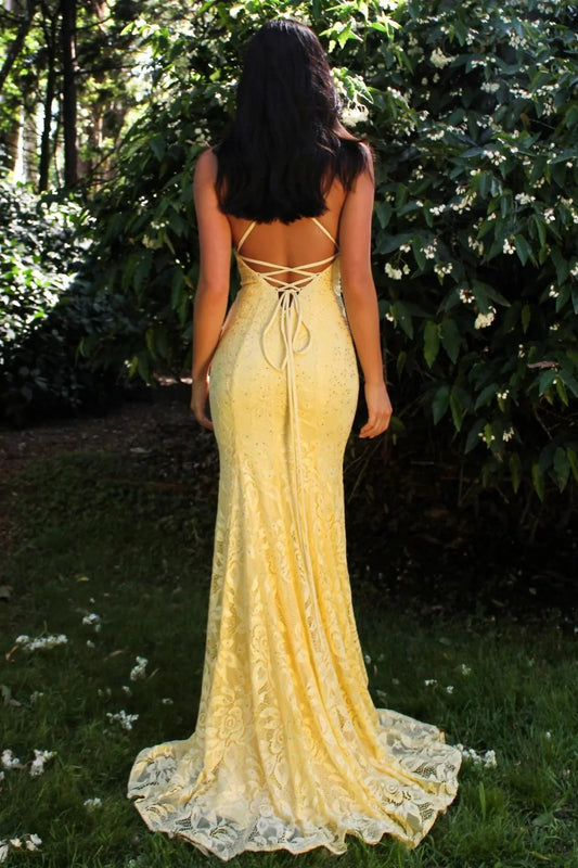 Yellow Lace Mermaid Prom Dress with Strappy V-Neck and Train AD061