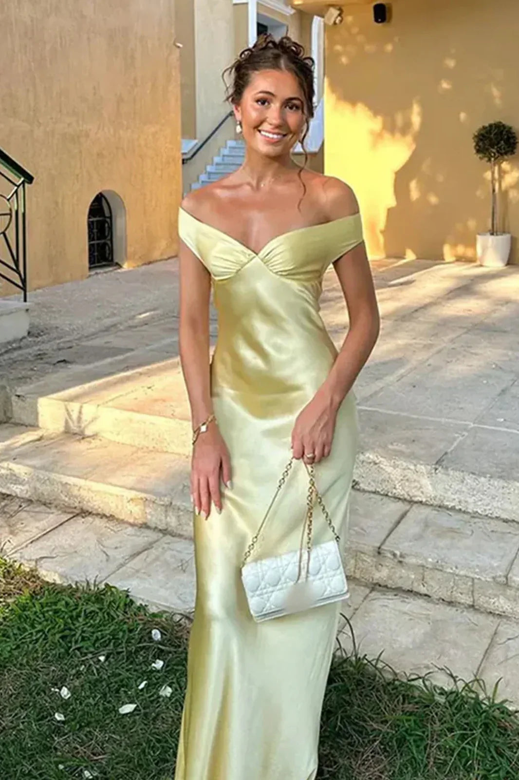 Stylish Mermaid Off the Shoulder Yellow Long Party Dress with Open Back AD063