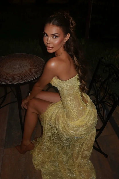 Luxurious Mermaid Sweetheart Yellow Lace Party Dress with Split Front AD066