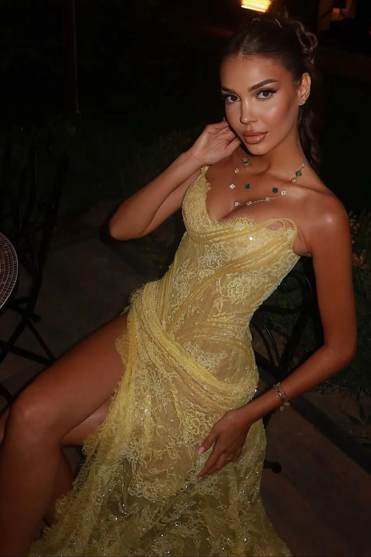 Luxurious Mermaid Sweetheart Yellow Lace Party Dress with Split Front AD066