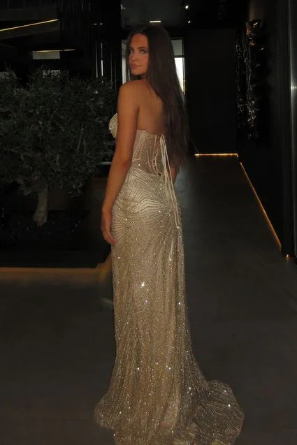 Sparkly Mermaid Strapless Silver Corset Prom Dress with Beading AD067