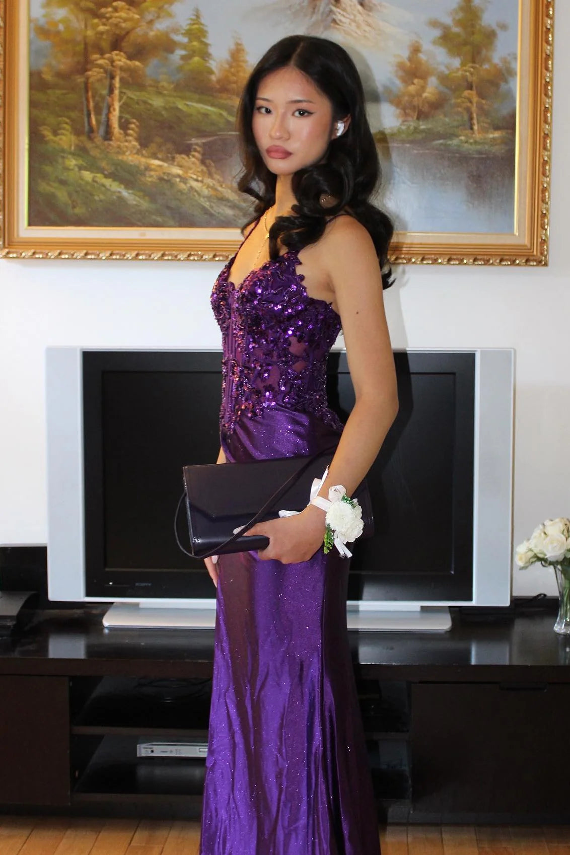Trendy Mermaid Spaghetti Straps Purple Corset Prom Dress with Appliques AD069