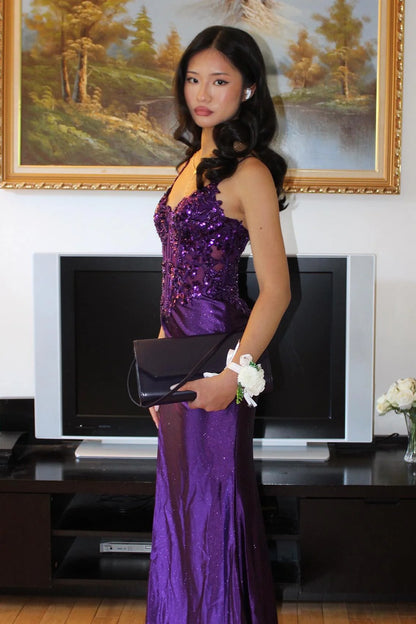 Trendy Mermaid Spaghetti Straps Purple Corset Prom Dress with Appliques AD069