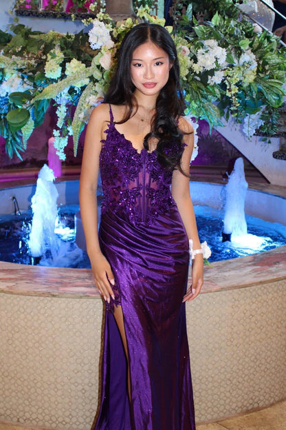 Trendy Mermaid Spaghetti Straps Purple Corset Prom Dress with Appliques AD069