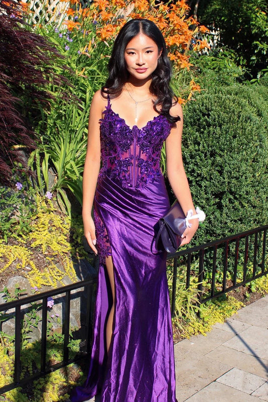 Trendy Mermaid Spaghetti Straps Purple Corset Prom Dress with Appliques AD069