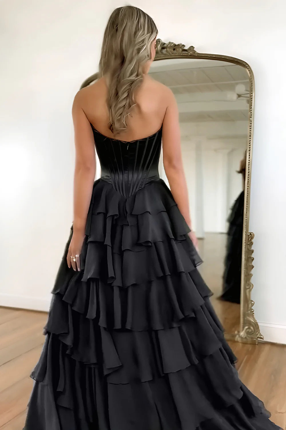 Pretty Sweetheart A-Line Satin Top Long Layered Chiffon Prom Dress with Slit AD071