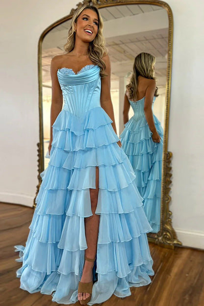 Pretty Sweetheart A-Line Satin Top Long Layered Chiffon Prom Dress with Slit AD071
